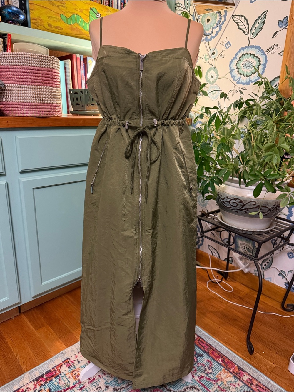 Future Collective Olive Zip-Front Midi Dress with Adjustable Waist - Medium